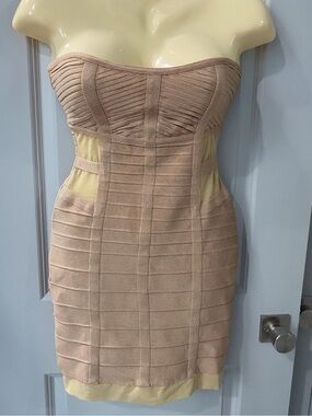 Herve Leger | Dresses | Herve Leger Gold Tan Strapless Bandage Dress Medium  | Poshmark